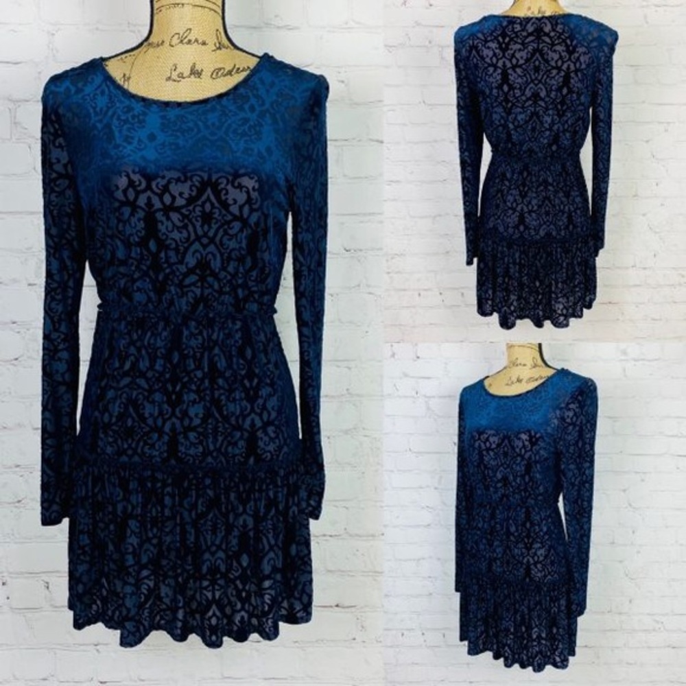 Boho Pattern Navy Blue Burnout Velvet Tiered Dress